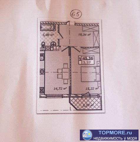 Полноценная однокомнатная квартира, общ. пл. 45,36 м2 кухня 14,72 м2, комната 15,22 м2, сан. узел совмещенный 5,08... - 1