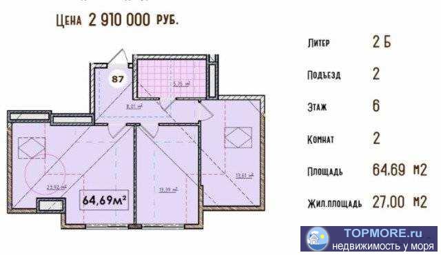 Продам 2 к.кв. о/п 64,6 в новом доме под чистовую отделку. Развитый район, до моря 10 минут ходьбы. - 1