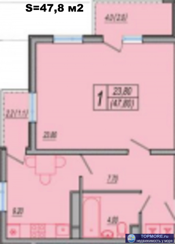 Продам однокомнатную квартиру в самом сочном и вкусном комплексе города Сочи. Площадь помещения составляет 47,8 м2... - 1