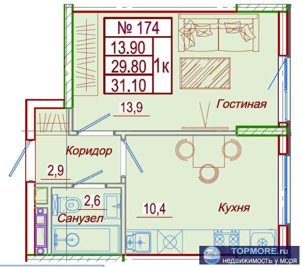 Квартиры с готовым ремонтом в современном жилом комплексе в п. Сукко! К продаже предлагается  однокомнатная квартира...