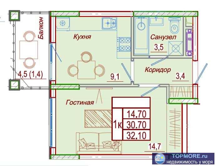 Продажа / Квартиры, село Сукко, Мирная, 5 136 000 р. Осуществите свою мечту, купите квартиру на Черноморском побережье! К продаже предлагается 1комн. квартира с... - 1