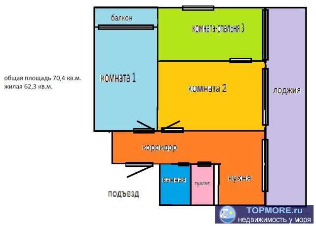 Продажа / Квартиры, Туапсе, Звездная улица, 2 900 000 р. Продается 3х комнатная квартира на 2м этаже 9ти этажного дома в экологически чистом районе г.Туапсе. Все окна и...