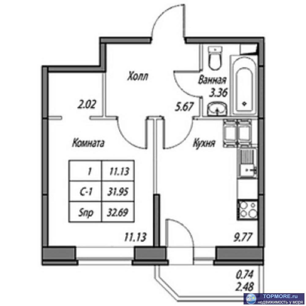  Полноценная 1,5-к. кв. В доме Бизнес-класса. 34 кв.м. Статус - Квартира. Уютная огромная кухня-гостиная и отдельная...