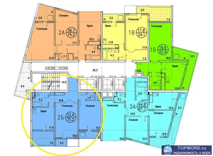 Всамом центре Сочи в новом доме продается просторная двухкомнатная квартира! 14 этаж из 19, 75 квадратов, все комнаты... - 1