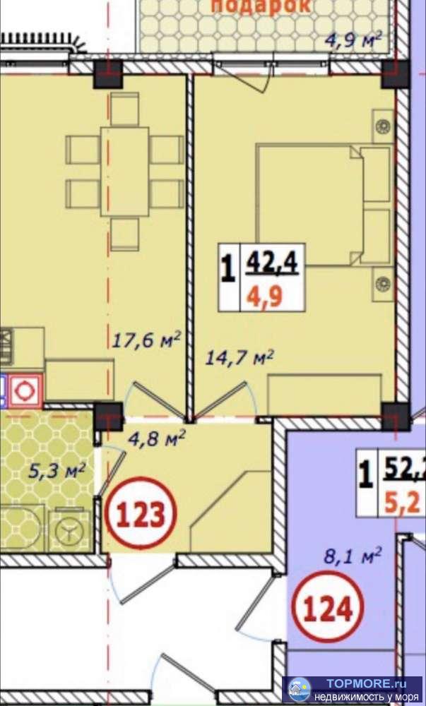 1 к.кв 42.6 м2 по БТИ в новом сданном и заселенном доме,в центральной части города. Расстояние до моря 490 метров,...